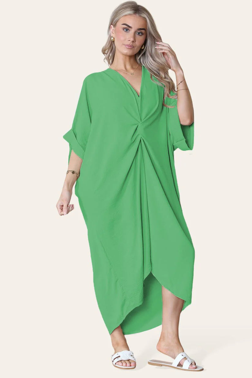 Womens V-Neck Tie Knotted Front Oversized Longline Midi Dress