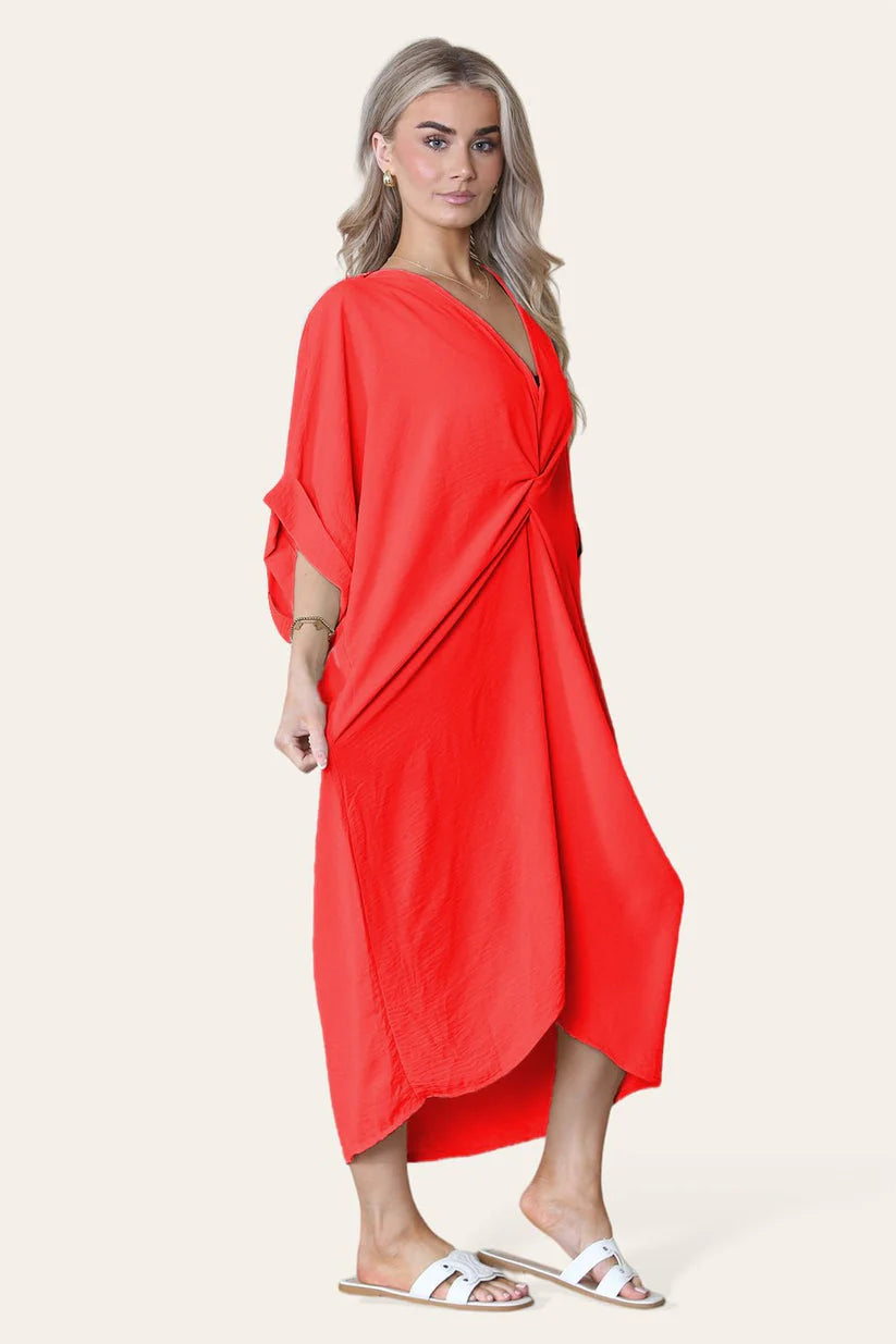 Womens V-Neck Tie Knotted Front Oversized Longline Midi Dress