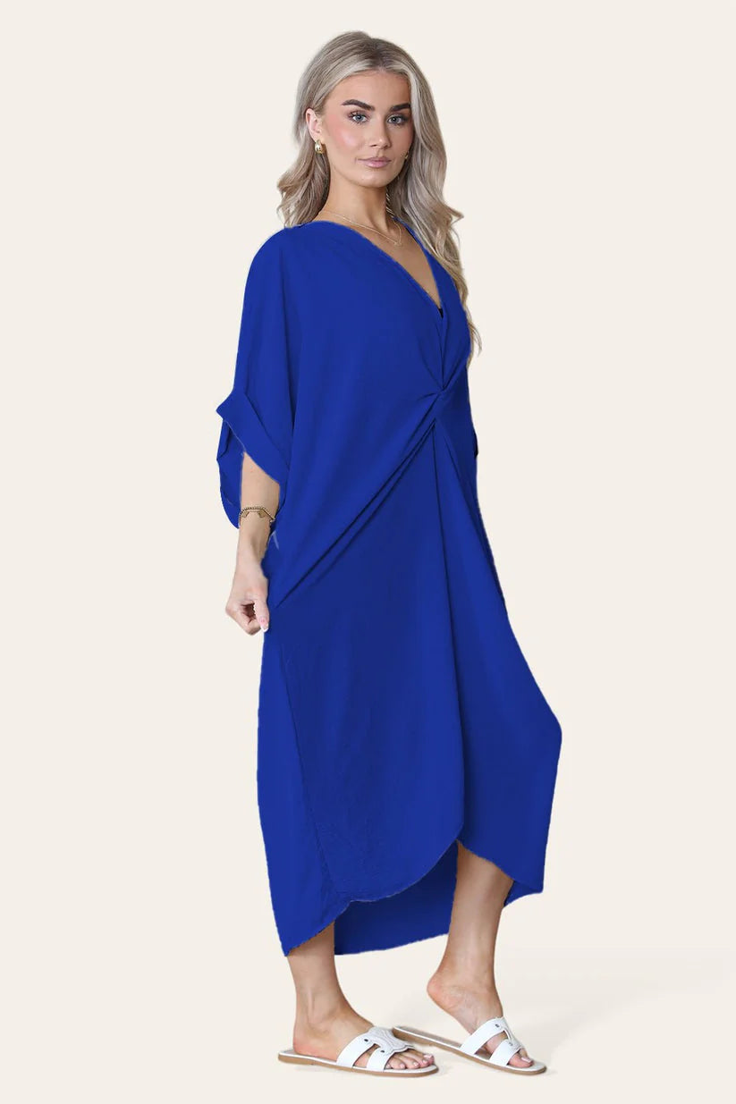 Womens V-Neck Tie Knotted Front Oversized Longline Midi Dress