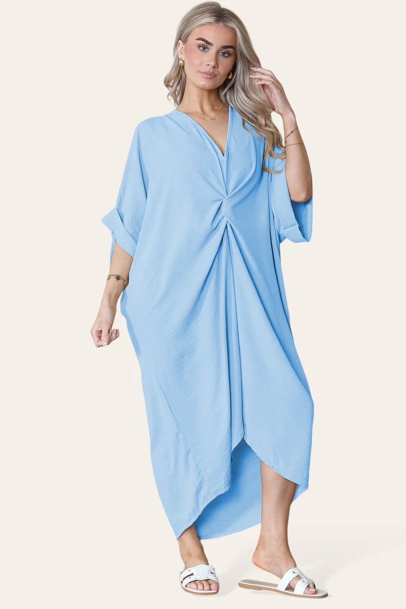 Womens V-Neck Tie Knotted Front Oversized Longline Midi Dress