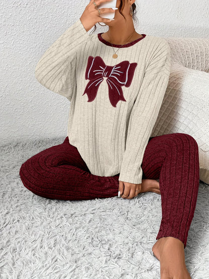 Plus Size Bow Print Loungewear Set