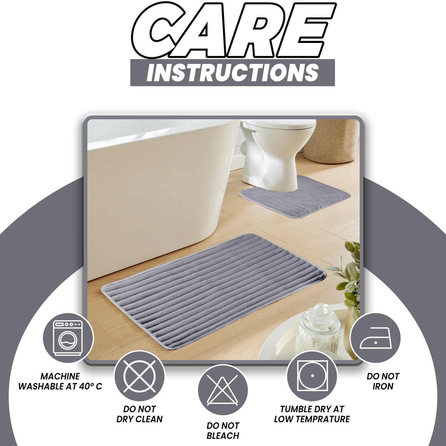2 Piece Ribbed Bath Mat Set in Charcoal