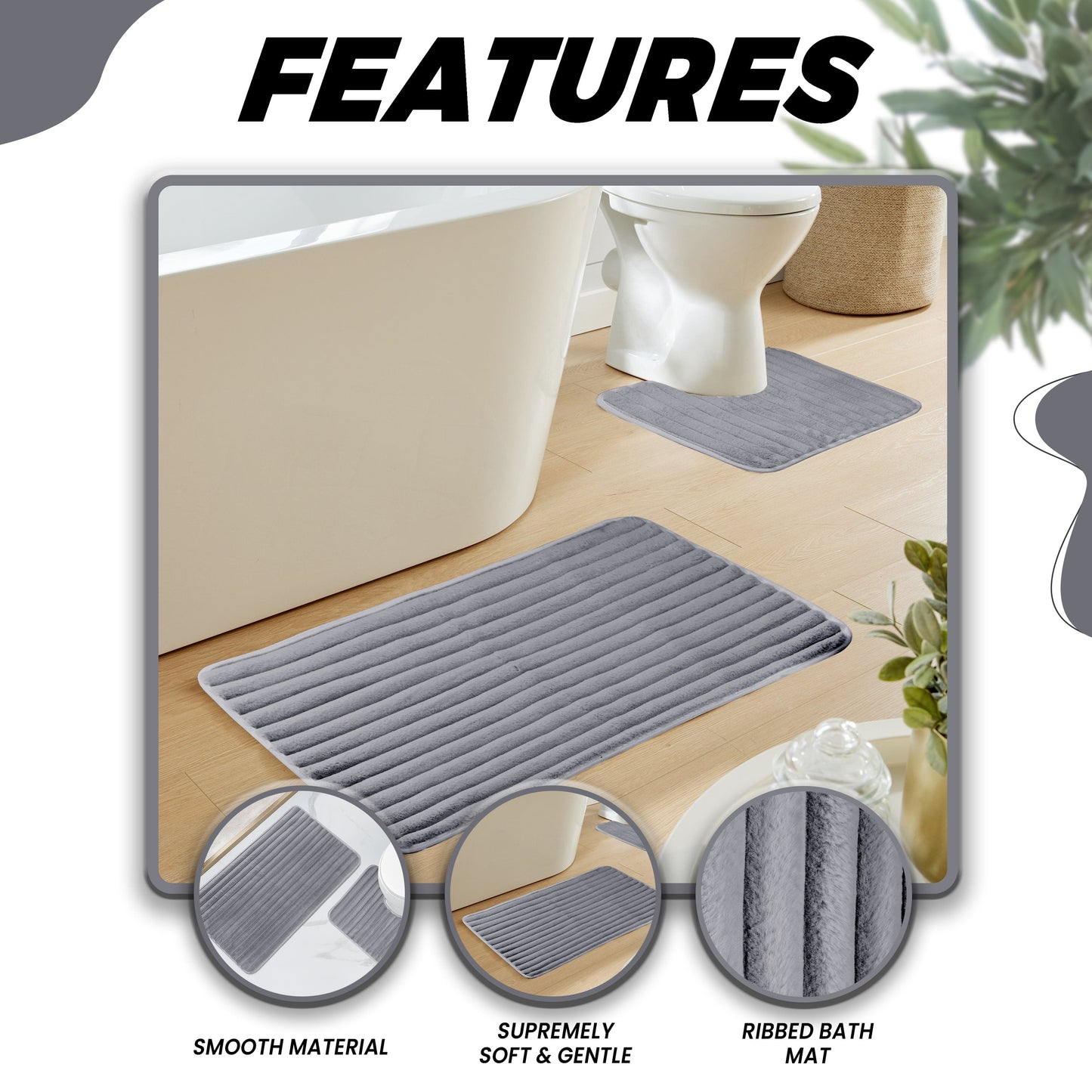 2 Piece Ribbed Bath Mat Set in Charcoal