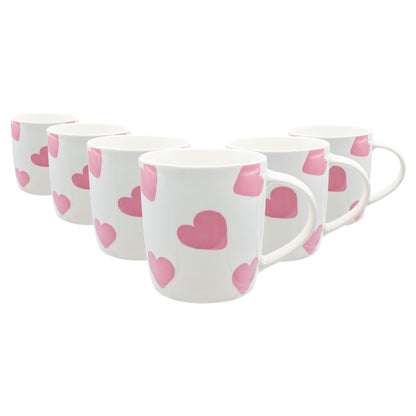 350ml White & Pink Hearts Simply Home Stoneware Mugs - Pack of Six
