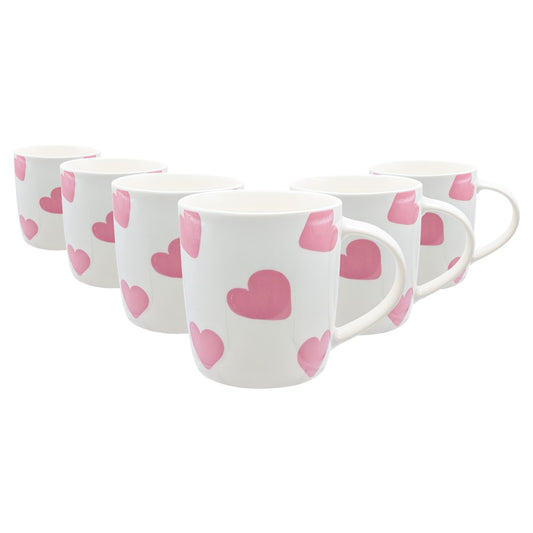 350ml White & Pink Hearts Simply Home Stoneware Mugs - Pack of Six