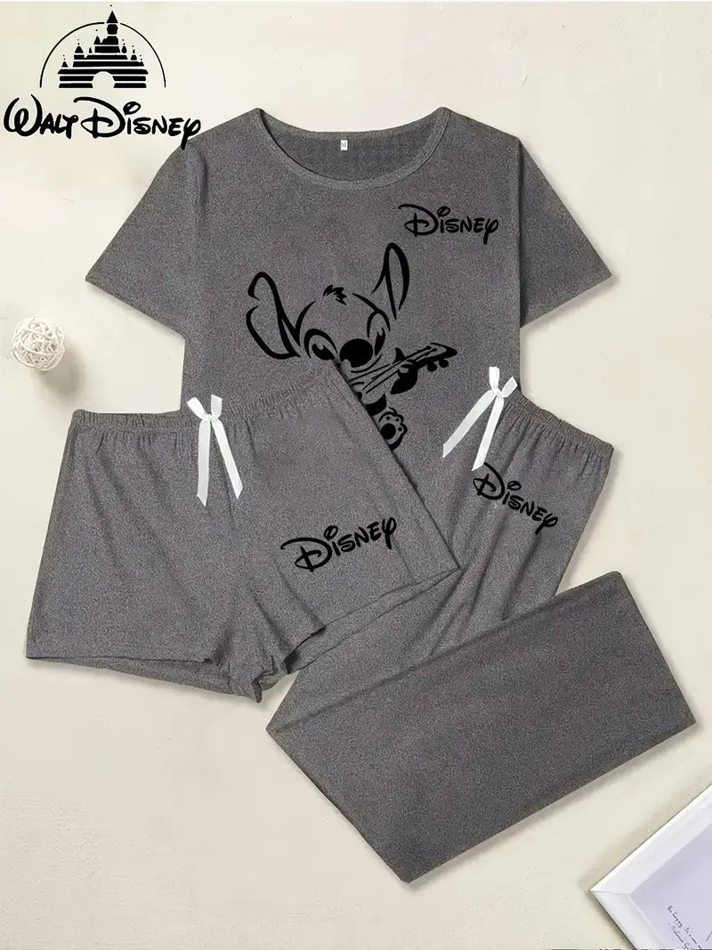 Stitch Short Sleeve Top, Shorts+Long Pants Set