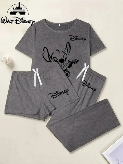 Stitch Short Sleeve Top, Shorts+Long Pants Set