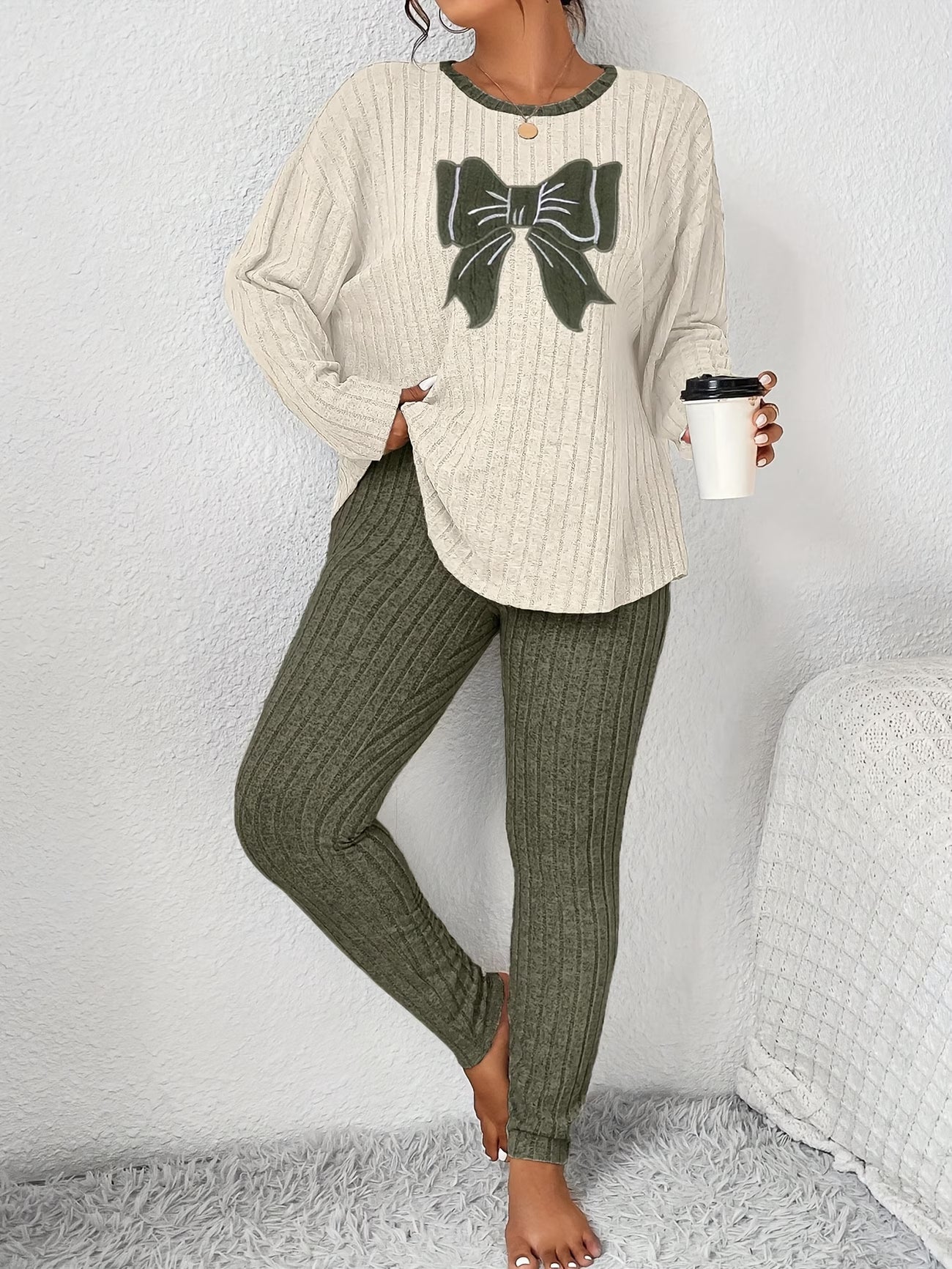 Plus Size Bow Print Loungewear Set