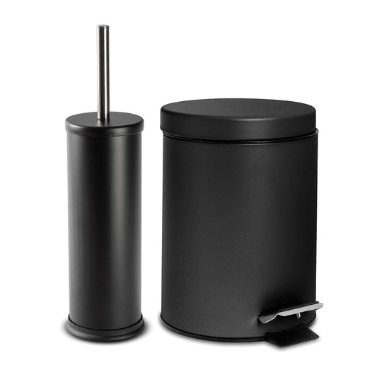 Matt Black Round Stainless Steel Toilet Brush & Bin Set