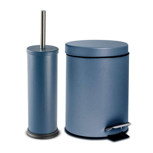 Matt Blue Round Stainless Steel Toilet Brush & Bin Set