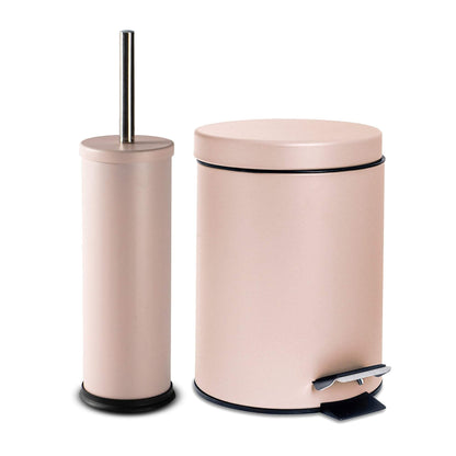 Matt Pink Round Stainless Steel Toilet Brush & Bin Set