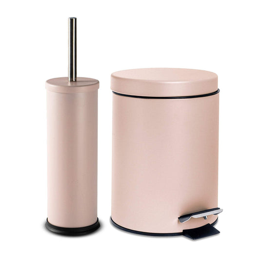 Matt Pink Round Stainless Steel Toilet Brush & Bin Set
