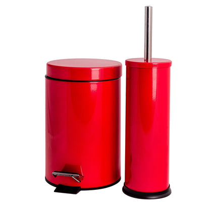 Red Round Stainless Steel Toilet Brush & Bin Set