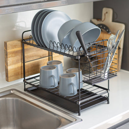Metal 2-Tier Dish Drainer Rack with Drip Tray - Black