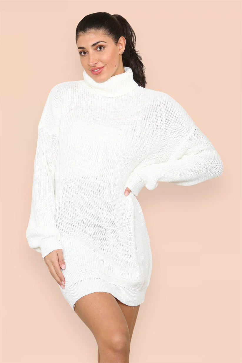 Polo Roll Neck Over Sized Knitted Jumper Dress