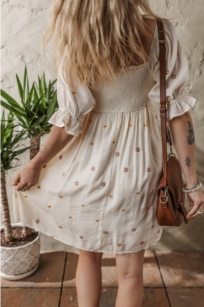 Beige Embroidered Flower Smocked Dress