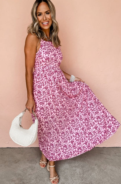 Pink Floral Cutout Back Sleeveless Maxi Dress