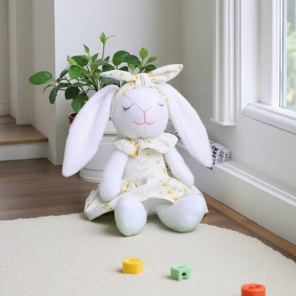 Easter Bunny Plush Toy with Long Ears, Floral Dress, and Bow
