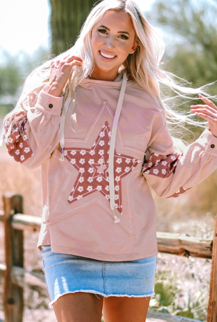 Star Patch Graphic Floral Drawstring Hoodie