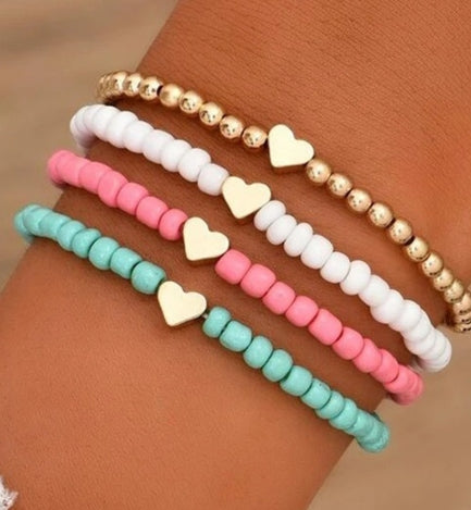 Heart Beaded Multi Layered Bracelet Set