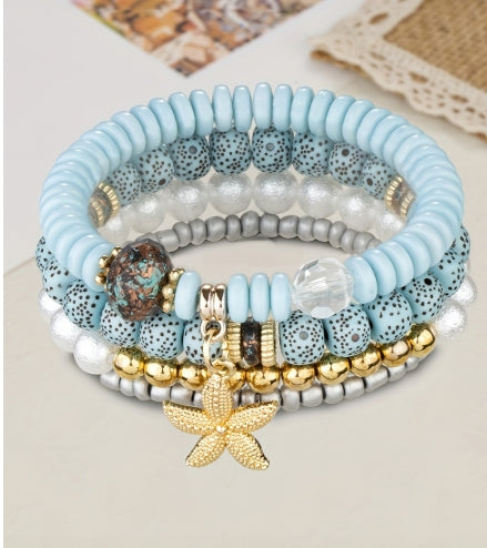 Light Blue 4pcs Starfish Pendant Beaded Bracelet Set