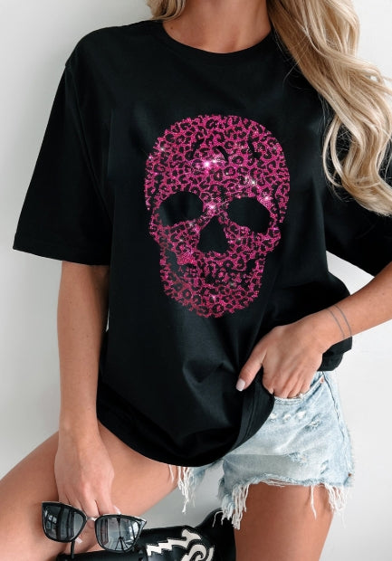 Black Rhinestone Leopard Skull Graphic T Shirt