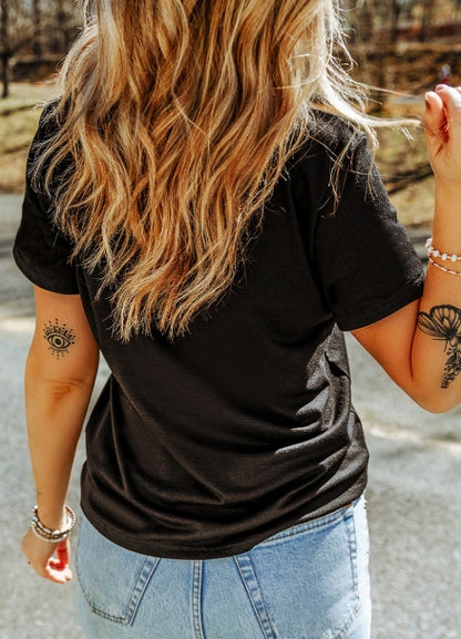Black Rhinestone Leopard Skull Graphic T Shirt