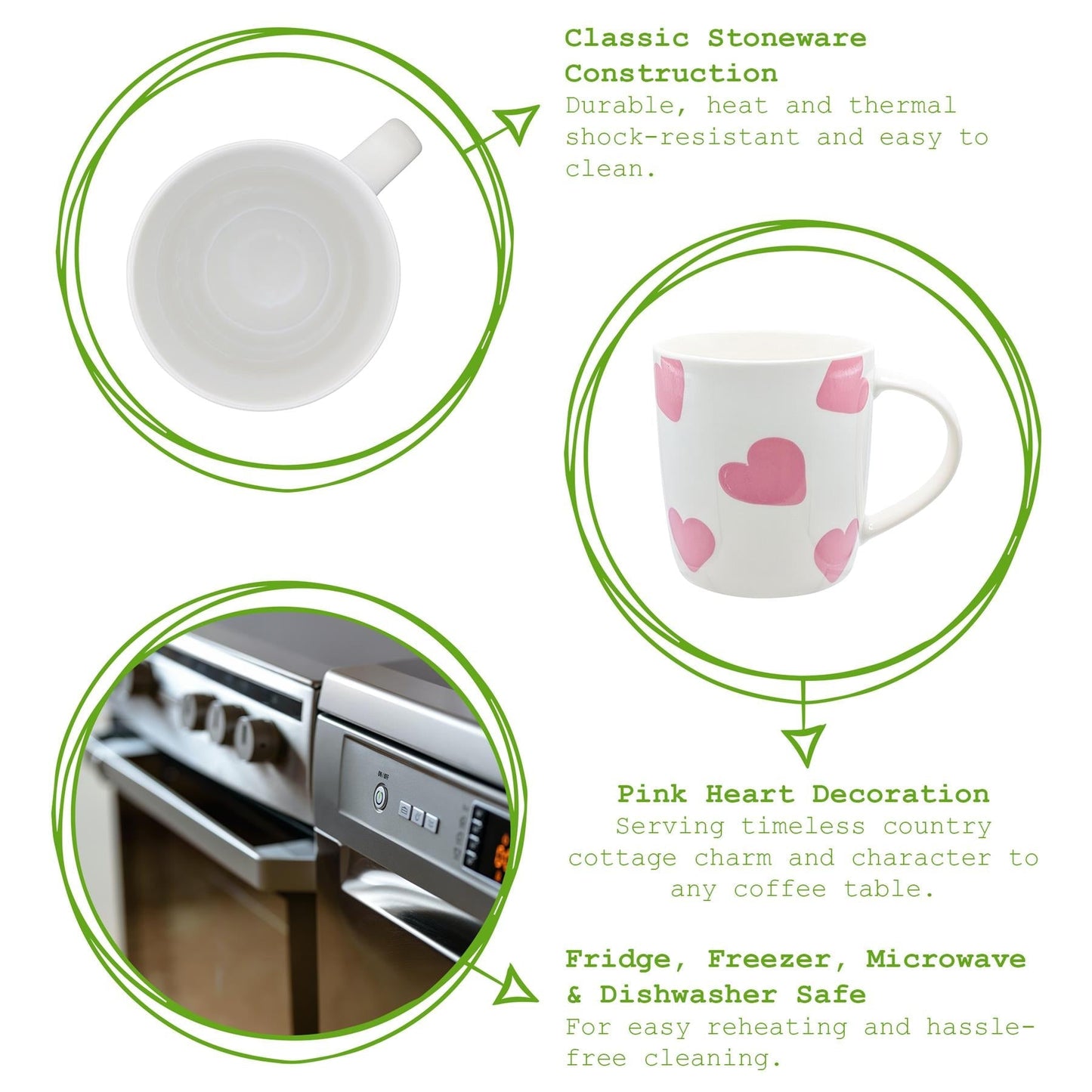 350ml White & Pink Hearts Simply Home Stoneware Mugs - Pack of Six