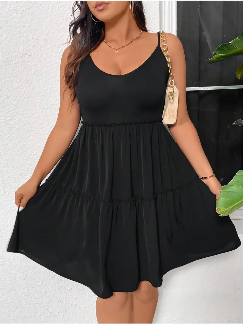 Sleeveless V-Neck Dress with Ruffled Hem - 1xl