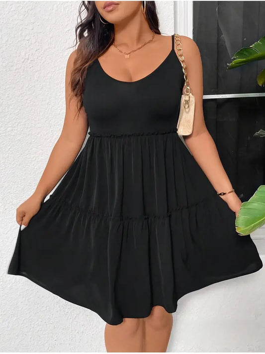 Sleeveless V-Neck Dress with Ruffled Hem - 1xl