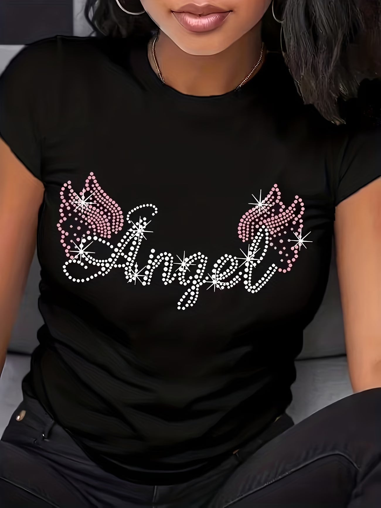 Angel Wing Print Round Neck Short Sleeve T-Shirt