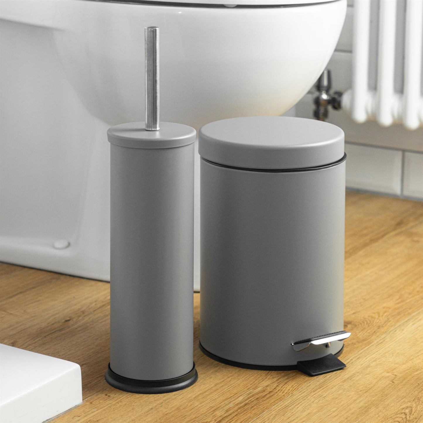 Grey Round Stainless Steel Toilet Brush & Bin Set