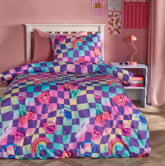 Neon Checkerboard Duvet Cover Set - Multi