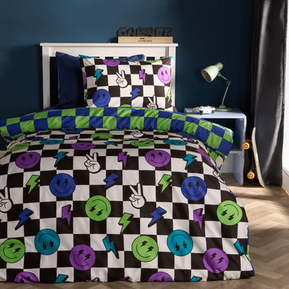 Neon Checkerboard Duvet Cover Set - Smilies
