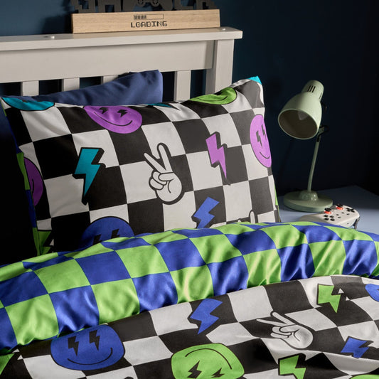Neon Checkerboard Duvet Cover Set - Smilies