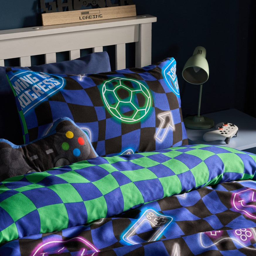 Neon Checkerboard Duvet Cover Set - Blue
