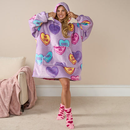 Adults Slogan Candy Hearts Hoodie Blanket - Lilac