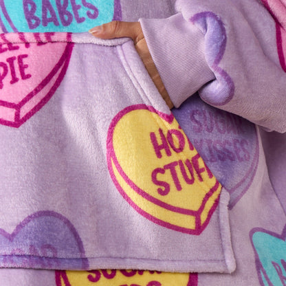 Adults Slogan Candy Hearts Hoodie Blanket - Lilac