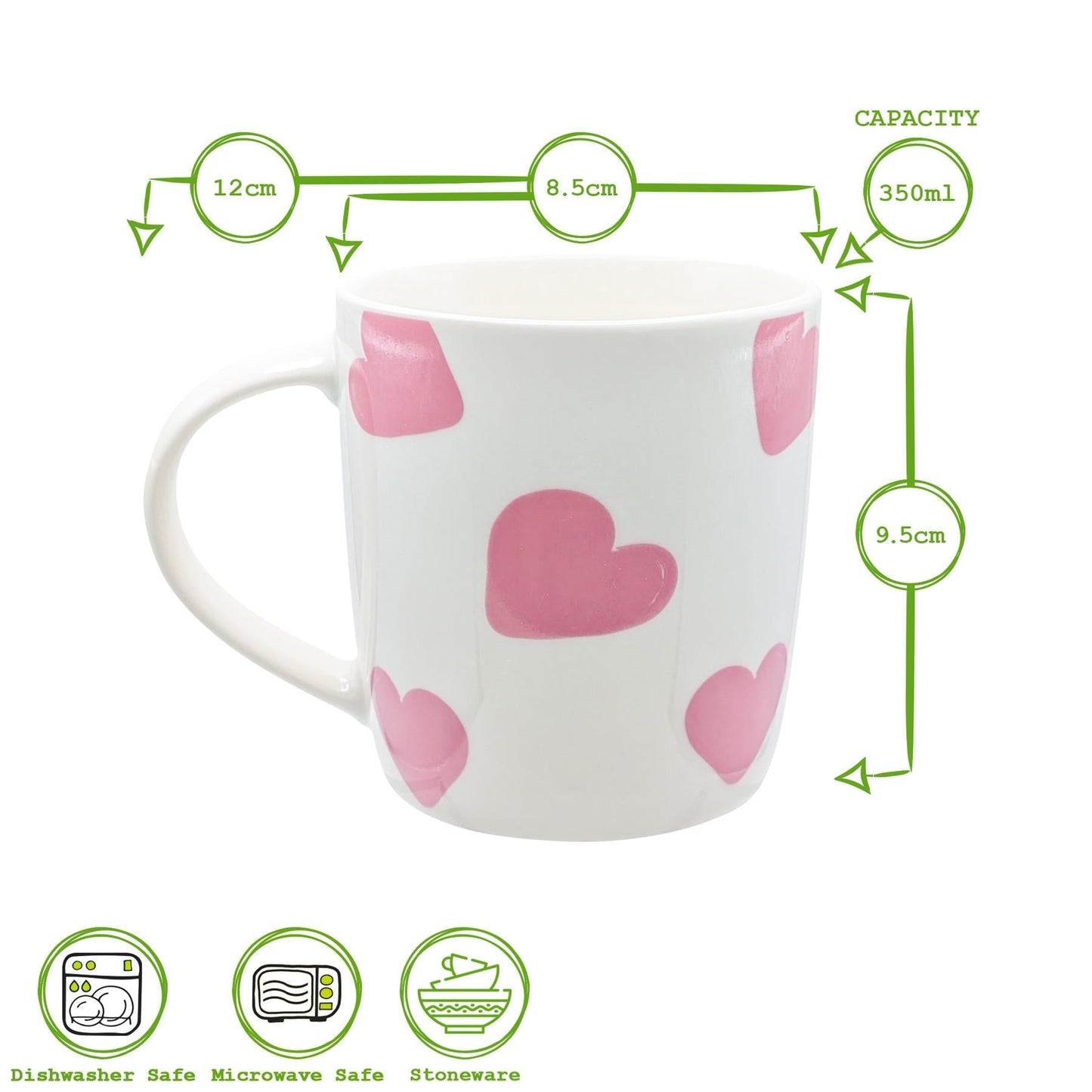 350ml White & Pink Hearts Simply Home Stoneware Mugs - Pack of Six