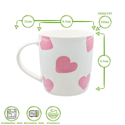 350ml White & Pink Hearts Simply Home Stoneware Mugs - Pack of Six