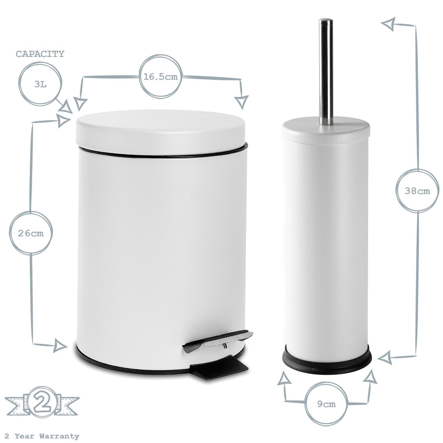 Matt Black Round Stainless Steel Toilet Brush & Bin Set