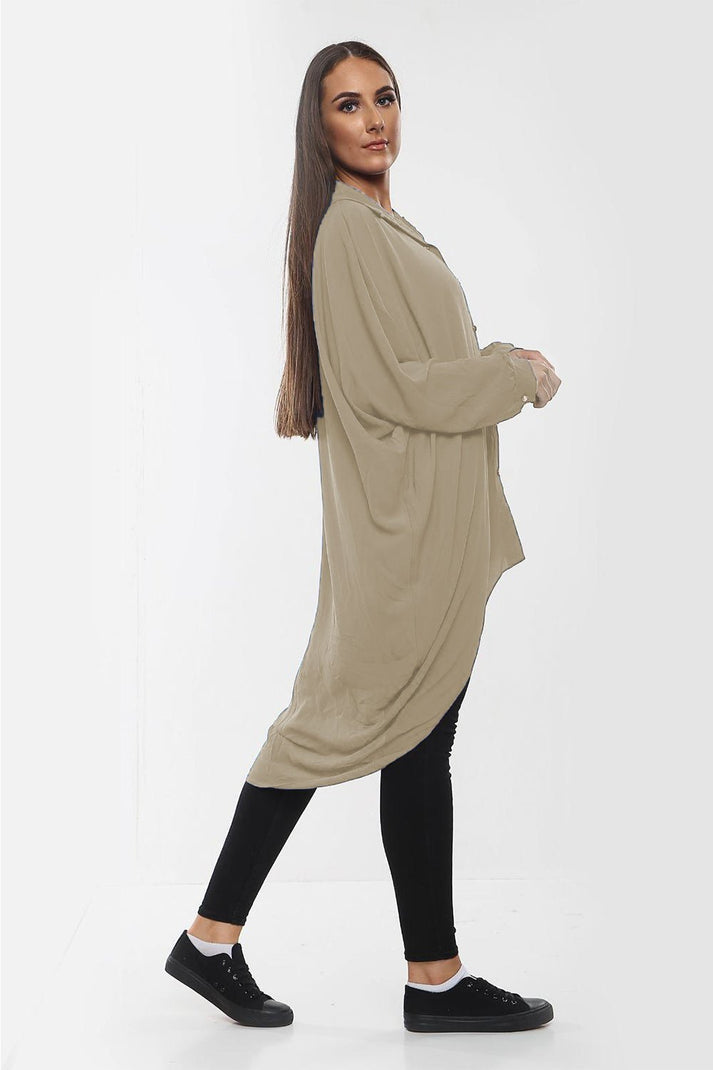 Oversized Button Long Top Shirt Dress with Hem and Long Sleeves