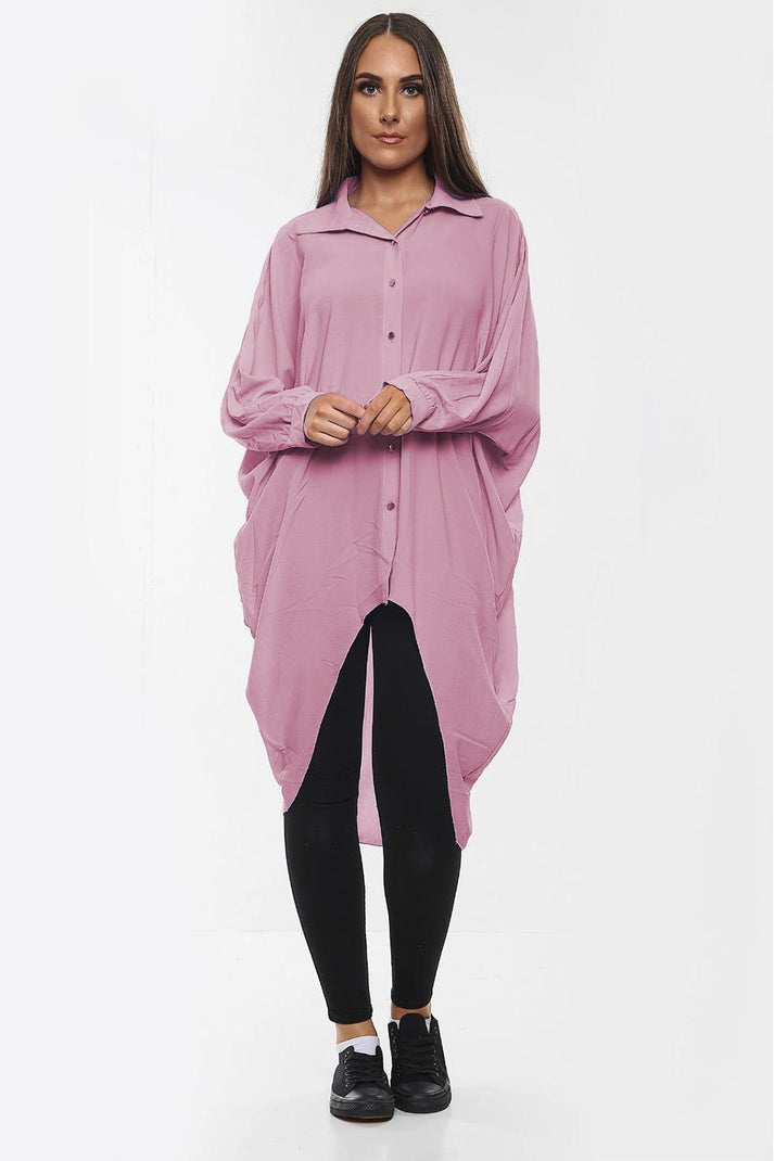 Oversized Button Long Top Shirt Dress with Hem and Long Sleeves