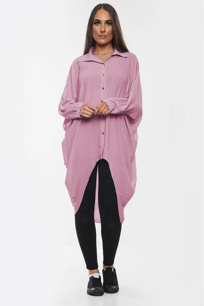 Oversized Button Long Top Shirt Dress with Hem and Long Sleeves