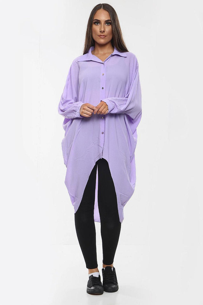Oversized Button Long Top Shirt Dress with Hem and Long Sleeves