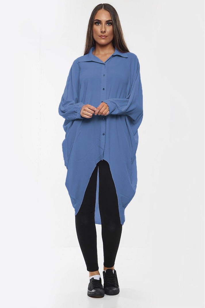 Oversized Button Long Top Shirt Dress with Hem and Long Sleeves