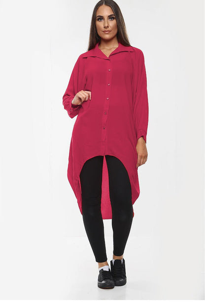Oversized Button Long Top Shirt Dress with Hem and Long Sleeves
