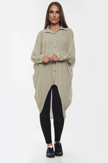 Oversized Button Long Top Shirt Dress with Hem and Long Sleeves