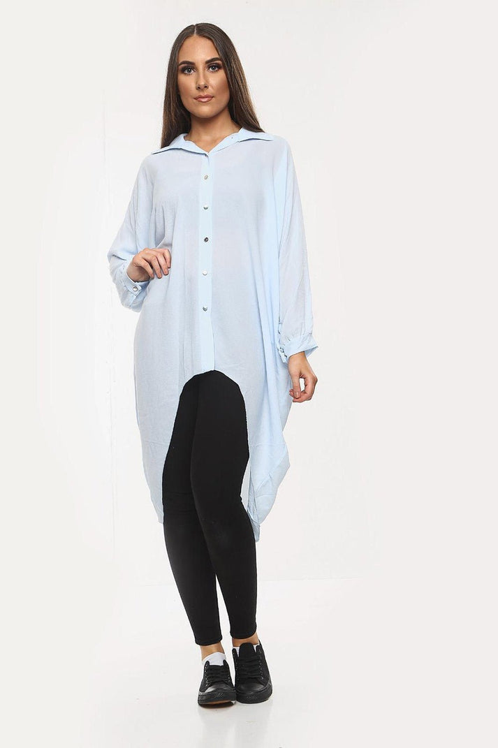 Oversized Button Long Top Shirt Dress with Hem and Long Sleeves
