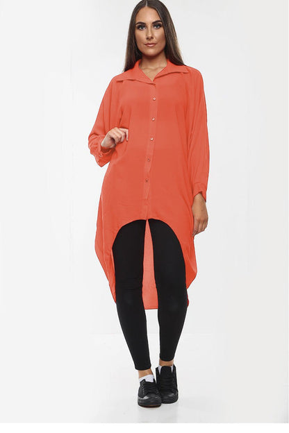 Oversized Button Long Top Shirt Dress with Hem and Long Sleeves